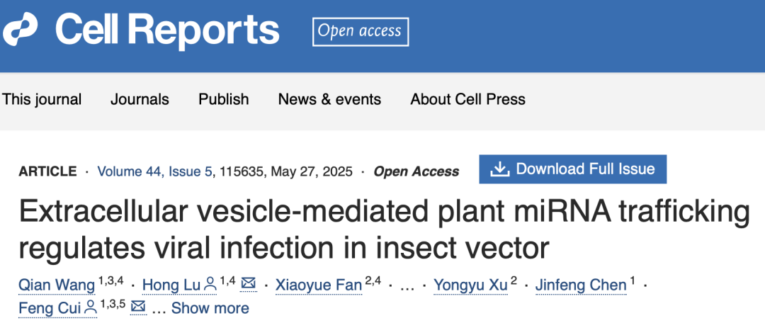 Cell Rep | 植物微小RNA“信使”：细胞外囊泡介导水稻miRNA调控昆虫介体病毒感染