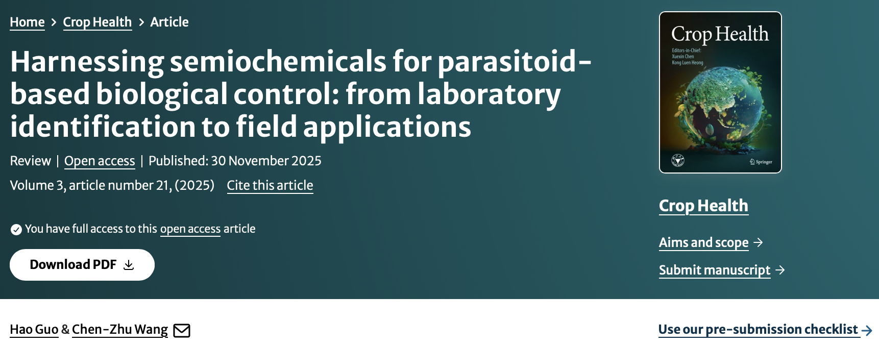 Crop Health | 信息化学物质赋能寄生蜂对害虫的生物防治：从实验室解析到田间应用
